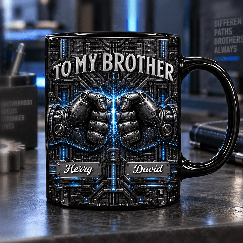 Personalized To My Brother Full Color Mug, Electric Blue Cyberpunk Fist Design, Custom Names Gift for Brother