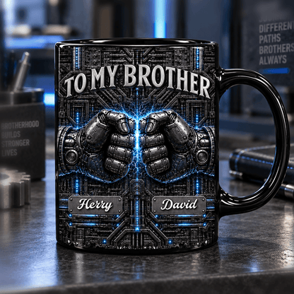 Personalized To My Brother Full Color Mug, Electric Blue Cyberpunk Fist Design, Custom Names Gift for Brother