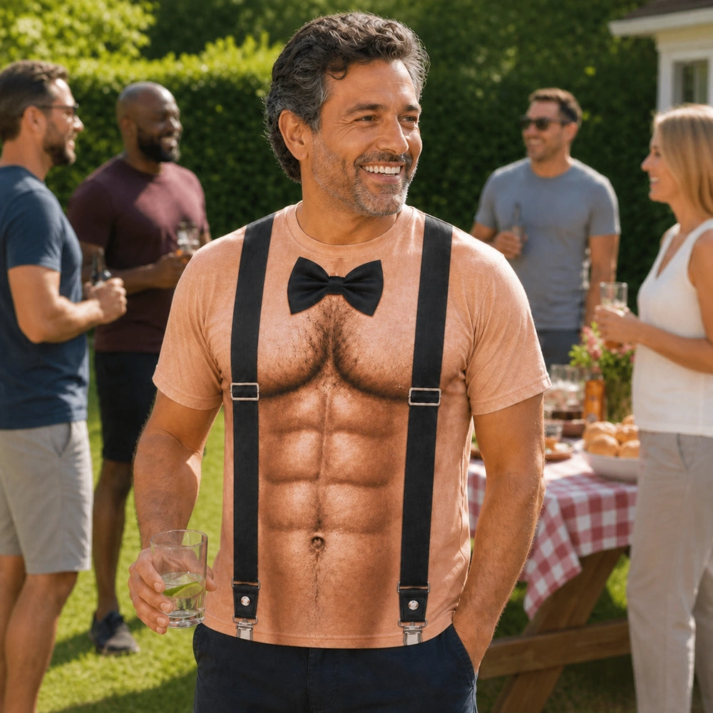 Personalized Funny Muscle T-Shirt for Men, Bow Tie & Suspenders Illusion Tee, Hilarious Birthday or Party Gift for Him