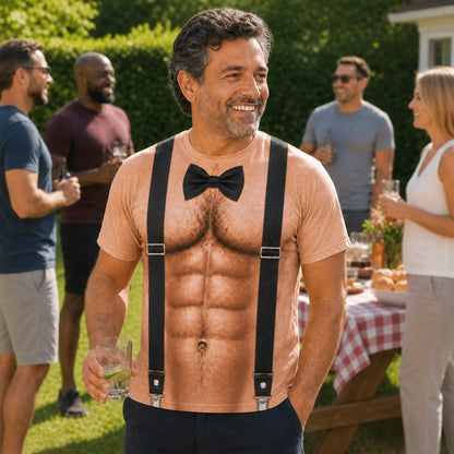 Personalized Funny Muscle T-Shirt for Men, Bow Tie & Suspenders Illusion Tee, Hilarious Birthday or Party Gift for Him