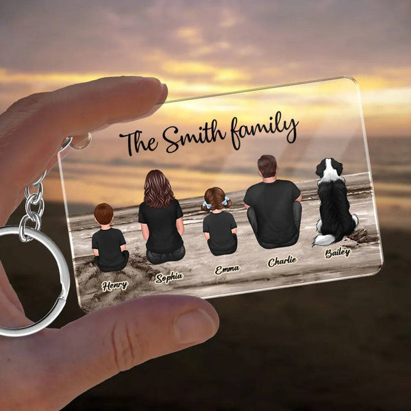 Beach Landscape Family Sitting Back View Keychain or Poster or Plaque or Car Hanger or Pillow or Wallet or Wallet Card or Cap or Cup- Ideal Gift for Loved Ones