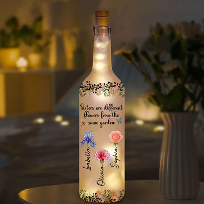 Sisters Are Different Flowers Bottle Lamp, Personalized Floral Bottle Lamp for Cozy Ambient Light, Thoughtful Gift for Sister