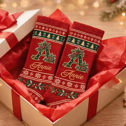 Personalized Christmas Crew Socks with Custom Name & Initial, Festive Holly and Snowflake Design, Cozy Christmas Gift