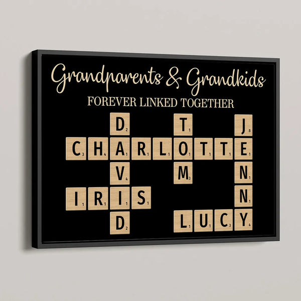 Grandparents & Grandkids Forever Linked Together Crossword Puzzle Art Personalized Poster or Plaque or Keychain or Orament, Gift For Grandma or Grandson