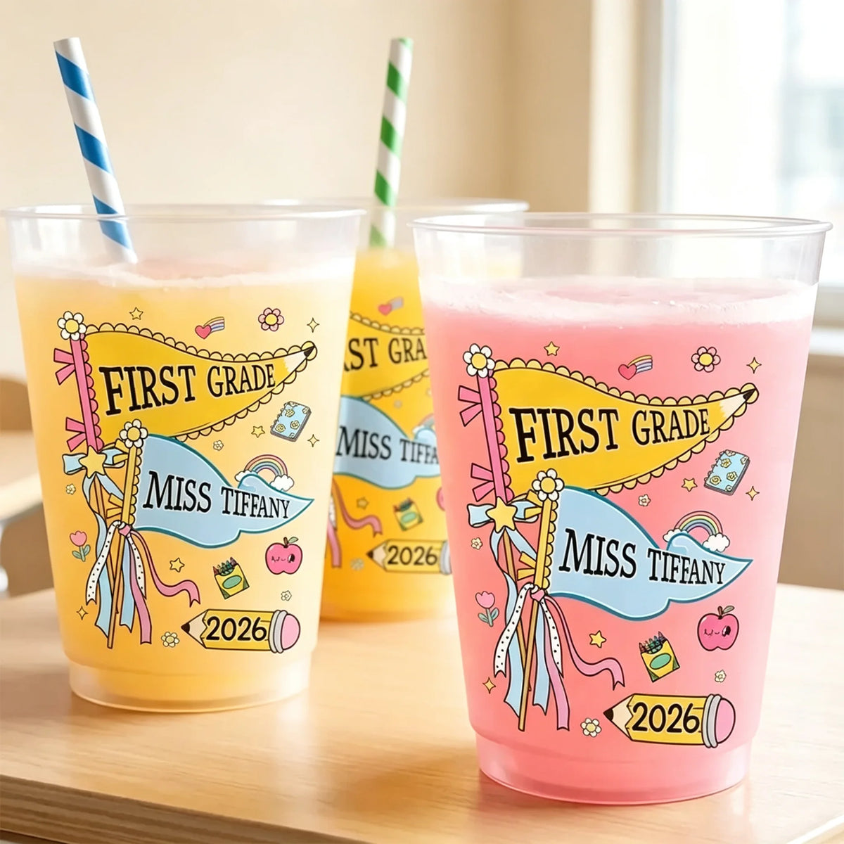 Personalized Frosted Plastic Cup, Colorful First Grade Pennant Design, Unique Teacher Gift for Back to School