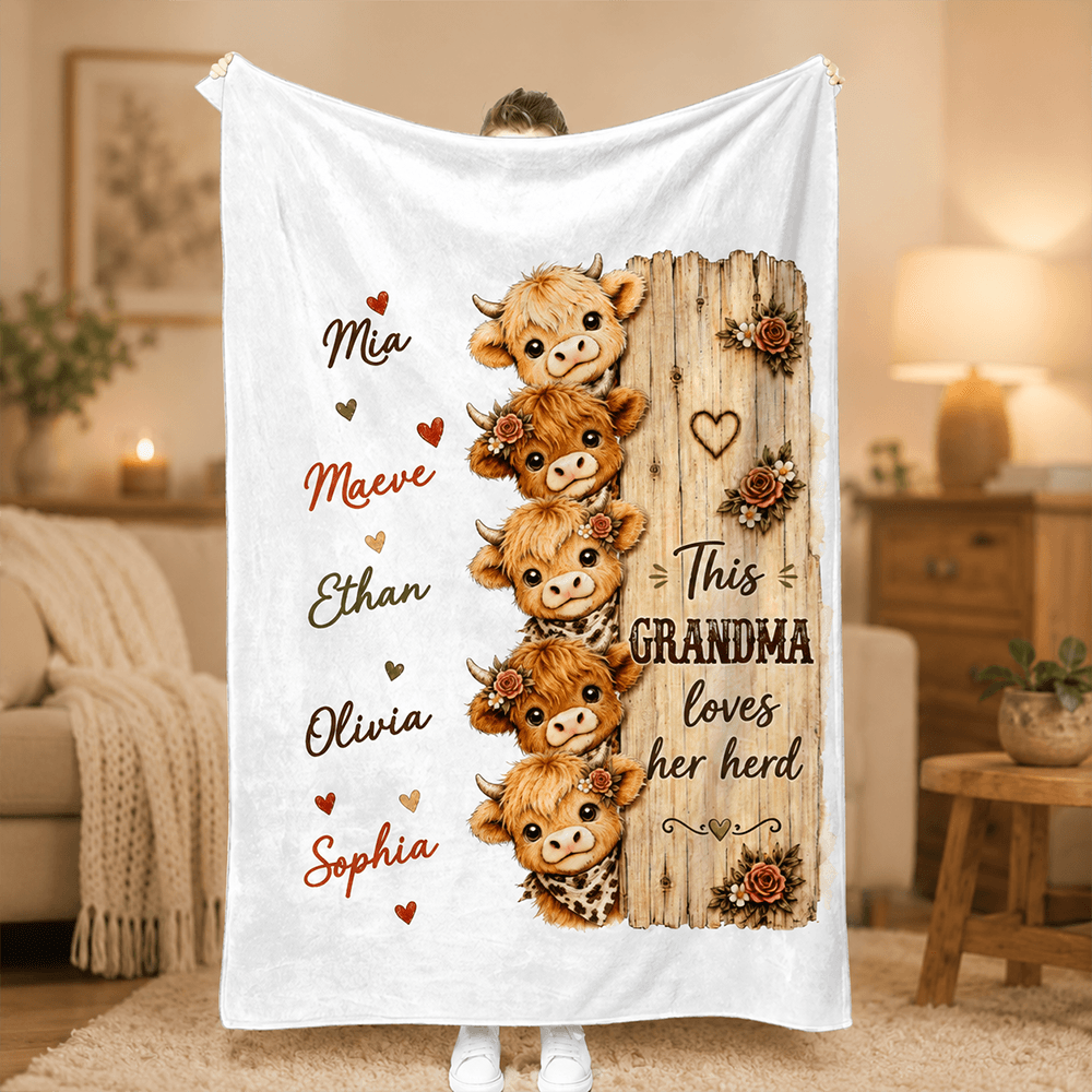 Personalized Grandma’s Herd Highland Cow Blanket with Grandkids’ Names, Cozy Gift for Grandma