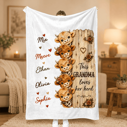 Personalized Grandma’s Herd Highland Cow Blanket with Grandkids’ Names, Cozy Gift for Grandma