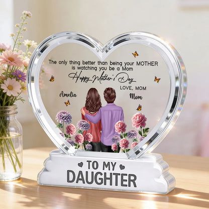 Shaped Acrylic Block Plaque Personalized Keepsake - Mother and Daughter Back Hug, Floral Heart Decor, Creative Gift