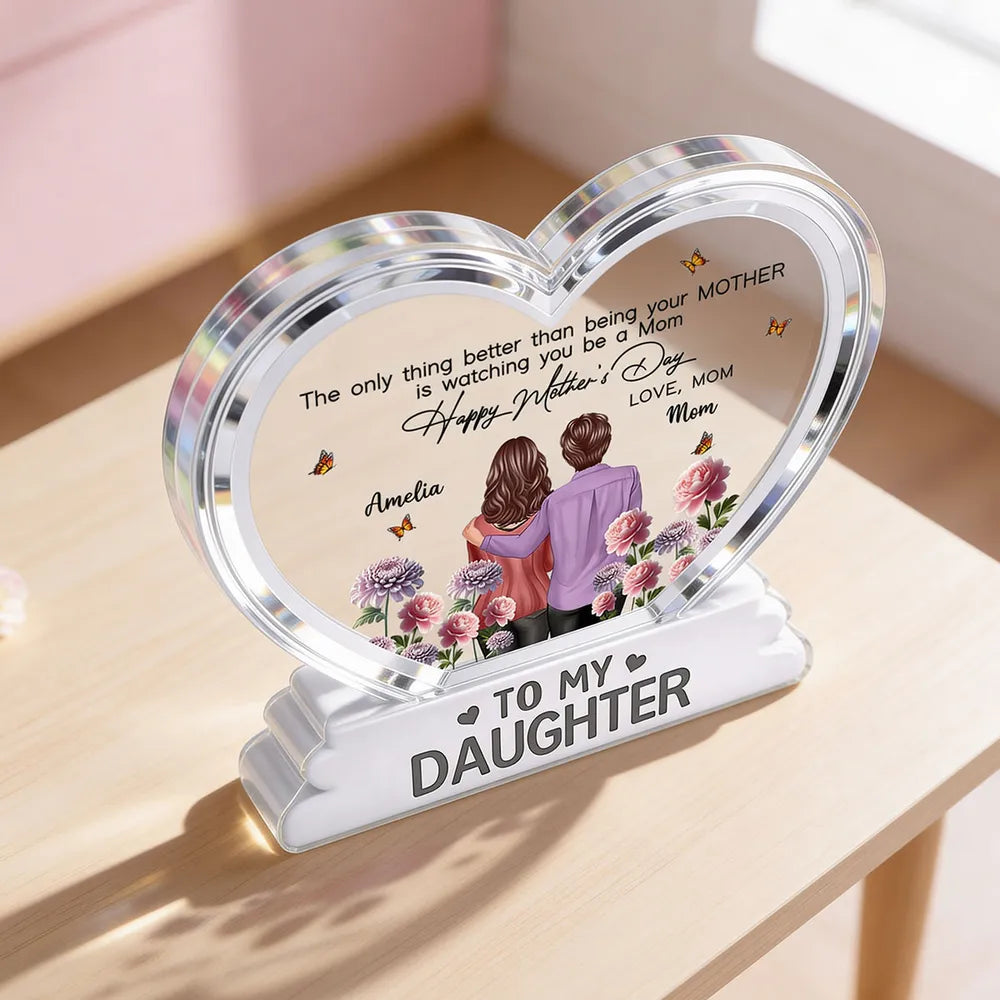 Shaped Acrylic Block Plaque Personalized Keepsake - Mother and Daughter Back Hug, Floral Heart Decor, Creative Gift