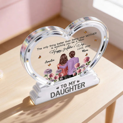 Shaped Acrylic Block Plaque Personalized Keepsake - Mother and Daughter Back Hug, Floral Heart Decor, Creative Gift