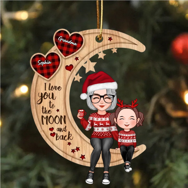 Christmas - Cute Grandma & Grandkid Sitting On Moon - Personalized Acrylic Ornament or Keychain or Plaque or Sign