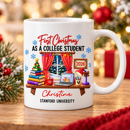 First Christmas as a College Student Mug, Personalized Heartwarming Keepsake, Creative Gift for Student