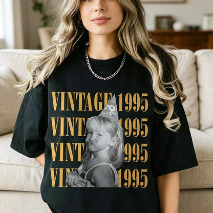 Personalized Classic Tee with Vintage Childhood Photo, Black and Gold Birthday Shirt, Unique Gift for Her