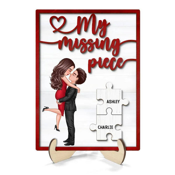 Embrace of Love - 'My Missing Piece' Personalized 2-Layer Wooden Plaque with Hugging & Kissing Couple - Ideal Valentine's & Anniversary Gift for Him & Her