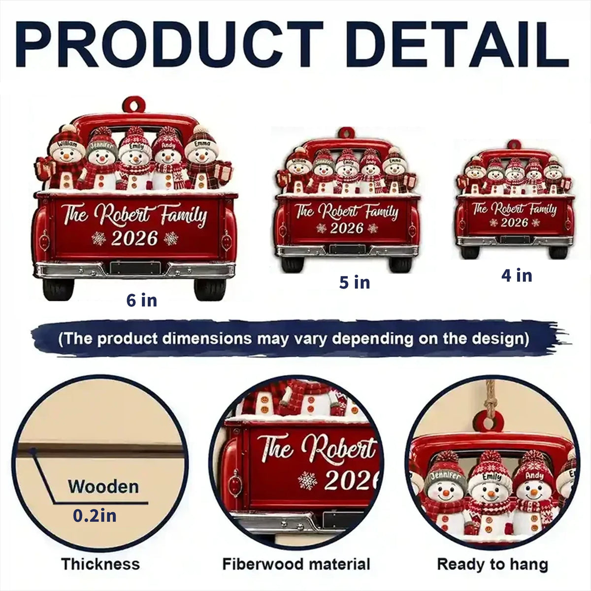Personalized Wooden Ornament, Smiling Snowman Family in Red Pickup, Unique Holiday Gift for Family