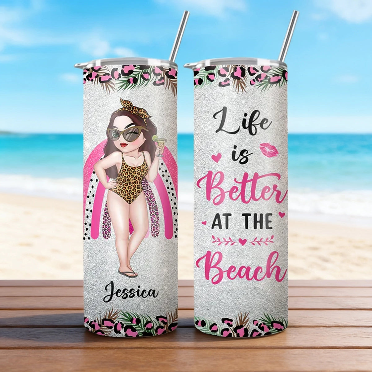 Personalized Straight-Sided Cup, Beach Girl Illustration, Life Is Better at the Beach, Unique Gift for Women