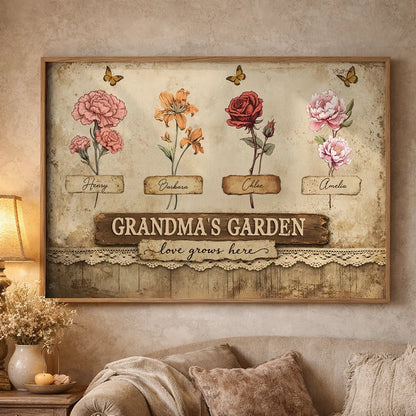 Personalized Grandma's Garden Poster, Vintage Floral Butterflies Wall Art, Unique Gift for Grandma or Mom