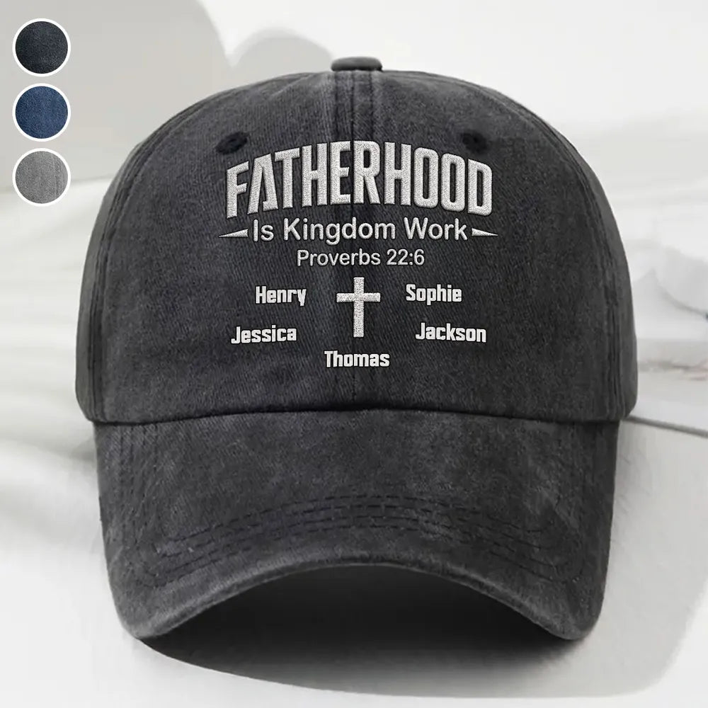 Personalized Washed Denim Baseball Cap, Fatherhood Is Kingdom Work, Unique Gift for Dad