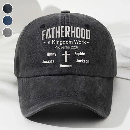 Personalized Washed Denim Baseball Cap, Fatherhood Is Kingdom Work, Unique Gift for Dad