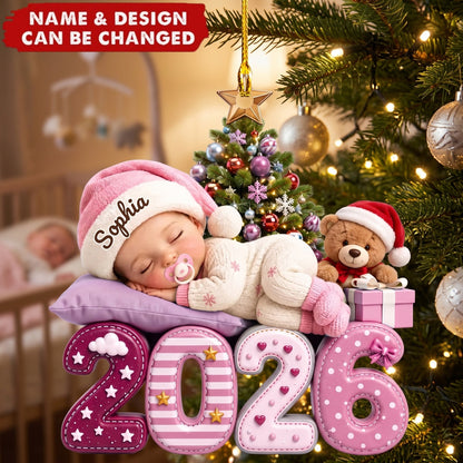 Personalized Acrylic Ornament with Sleeping Baby by Christmas Tree, Unique Gift for New Parents