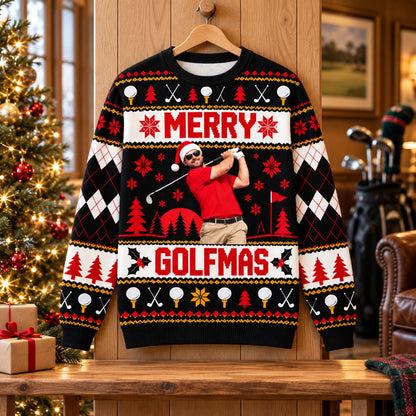 Custom Golf Photo Christmas Sweatshirt, Festive Merry Golfmas Ugly Sweater Design, Unique Holiday Gift for Golfers