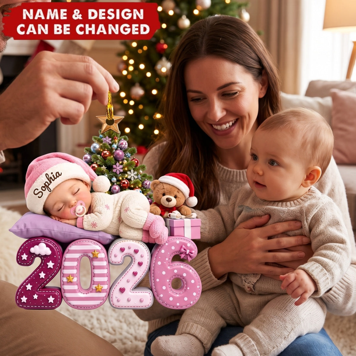 Personalized Acrylic Ornament with Sleeping Baby by Christmas Tree, Unique Gift for New Parents