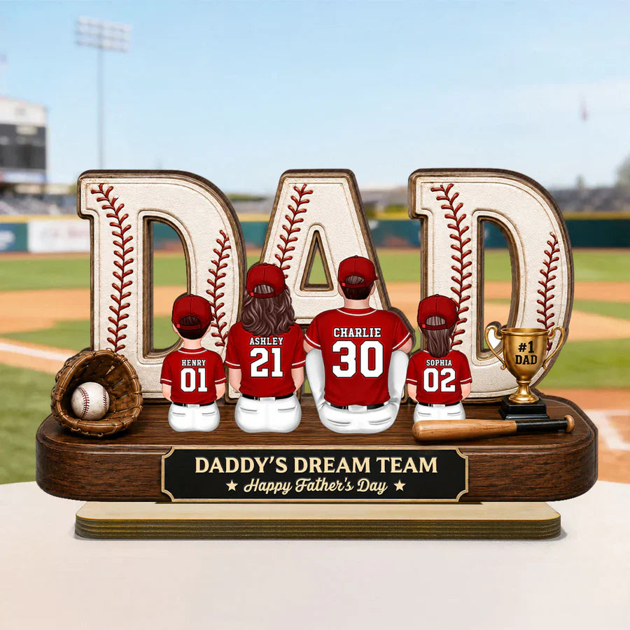 Baseball Daddy's Dream Team Wooden Plaque with Back View Family, Creative Gift for Dad & Baseball Fans