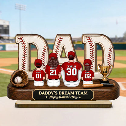 Baseball Daddy's Dream Team Wooden Plaque with Back View Family, Creative Gift for Dad & Baseball Fans