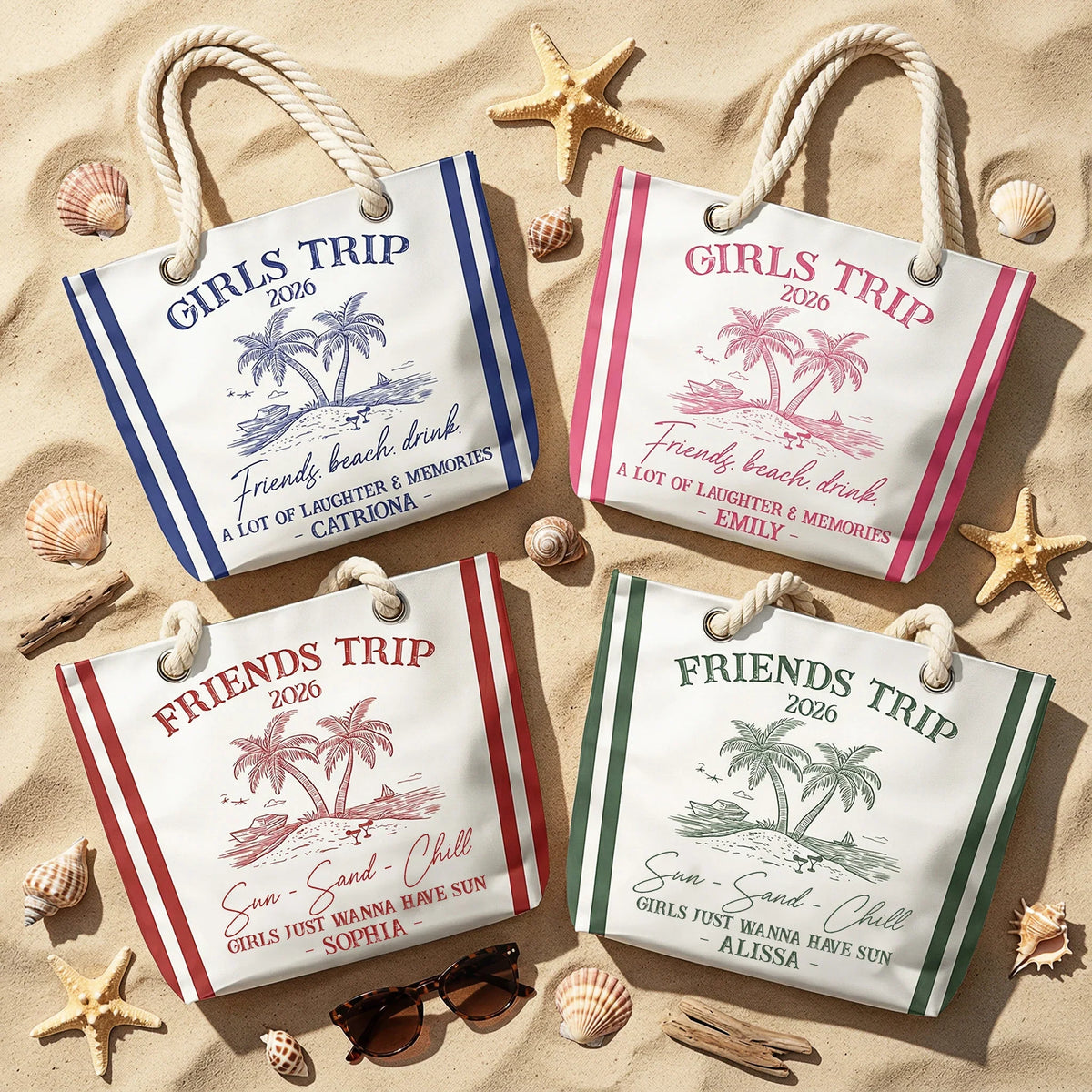 Rope Handle Canvas Bag for Girls Trip, Personalized Beach Getaway Design, A Lot of Laughter & Memories Gift