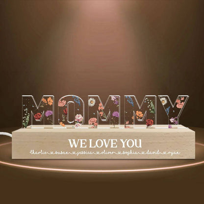 Personalized Block LED Light Plaque with Floral MOMMY Design and Warm Glow for Bedroom or Desk, Unique Gift for Mom