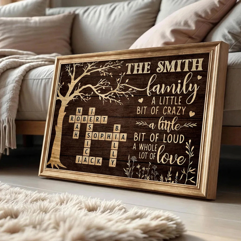 Custom Family Tree Poster with Name Crossword, Warm Wall Art Keepsake, Meaningful Housewarming or Christmas Gift