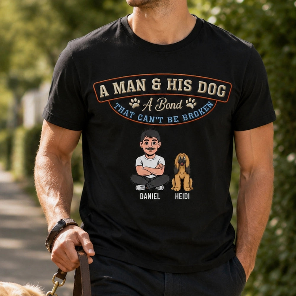 Personalized Classic Tee with Man & Dogs Artwork, Unique Creative Gift for Dog Dad Walks