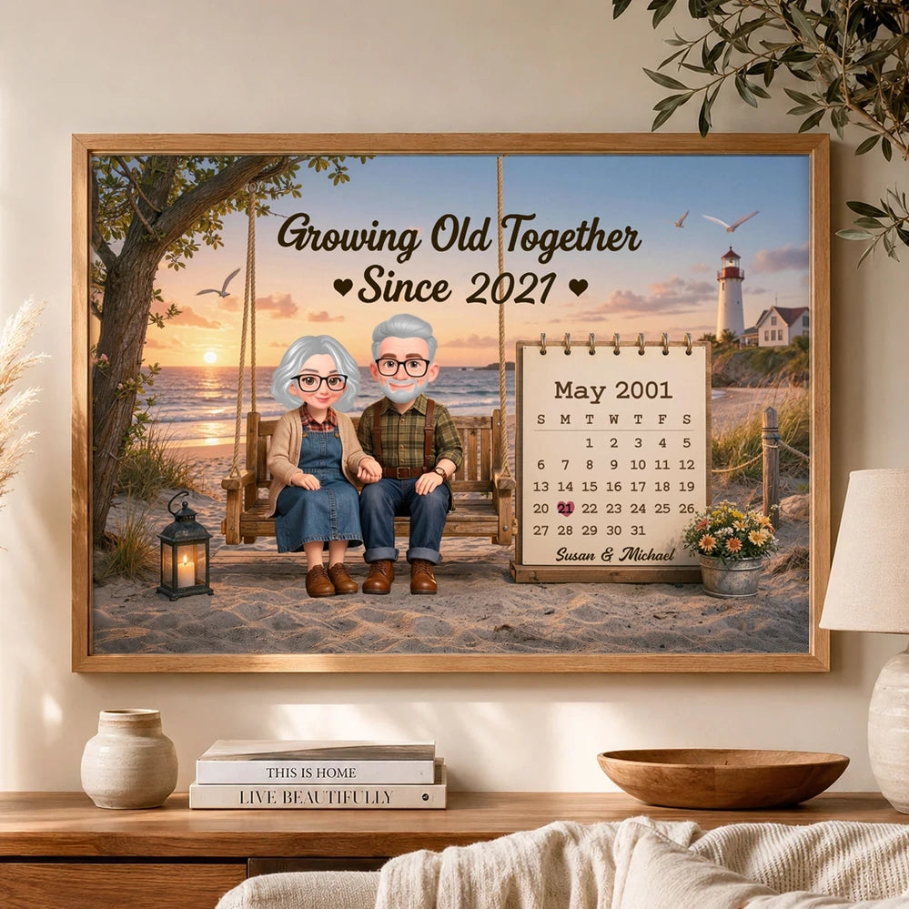 Personalized Poster with Growing Old Together Quote, Scenic Senior Couple Art, Unique Gift for Couple