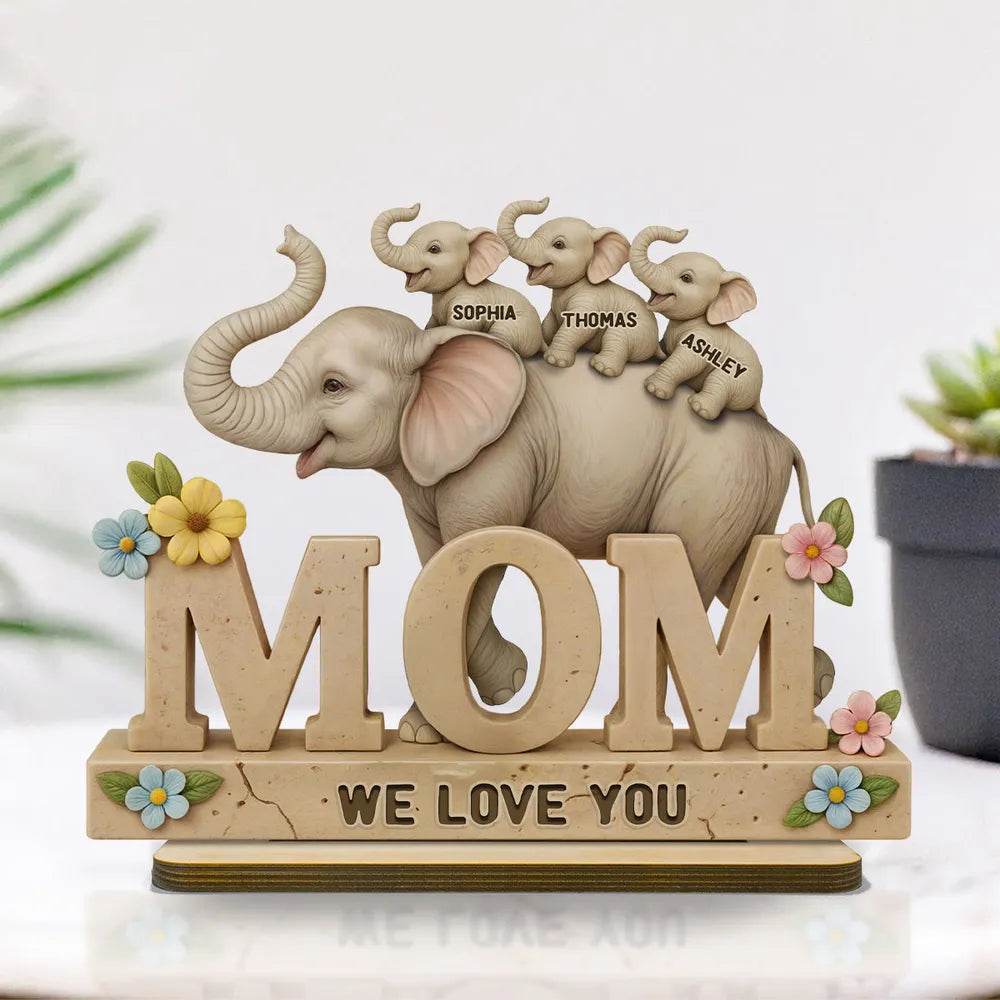 Personalized 2-Layer Wooden Plaque with Elephant Mom and Calves, We Love You Message, Unique Gift for Mom