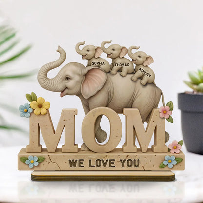 Personalized 2-Layer Wooden Plaque with Elephant Mom and Calves, We Love You Message, Unique Gift for Mom