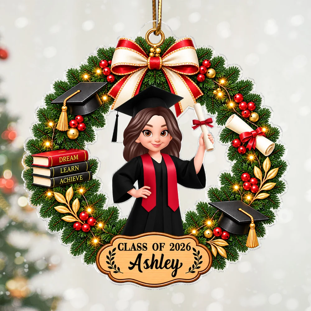 Personalized Acrylic Ornament, Graduate Holding Diploma in Red and Green Christmas Wreath, Creative Keepsake Gift