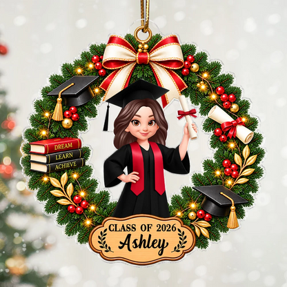 Personalized Acrylic Ornament, Graduate Holding Diploma in Red and Green Christmas Wreath, Creative Keepsake Gift