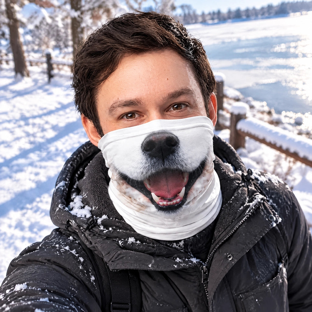 Personalized Printed Neck Gaiter with Playful Gray Dog Face, Unique Creative Gift for Dog Lovers