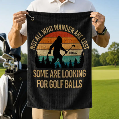 Personalized Waffle Weave Golf Towel with Bigfoot on the Course, Unique Gift for Dad or Grandpa