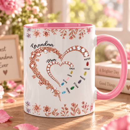 Personalized Grandma Birthstone Heart Mug with Grandkids’ Names, Meaningful Family Gift for Grandma