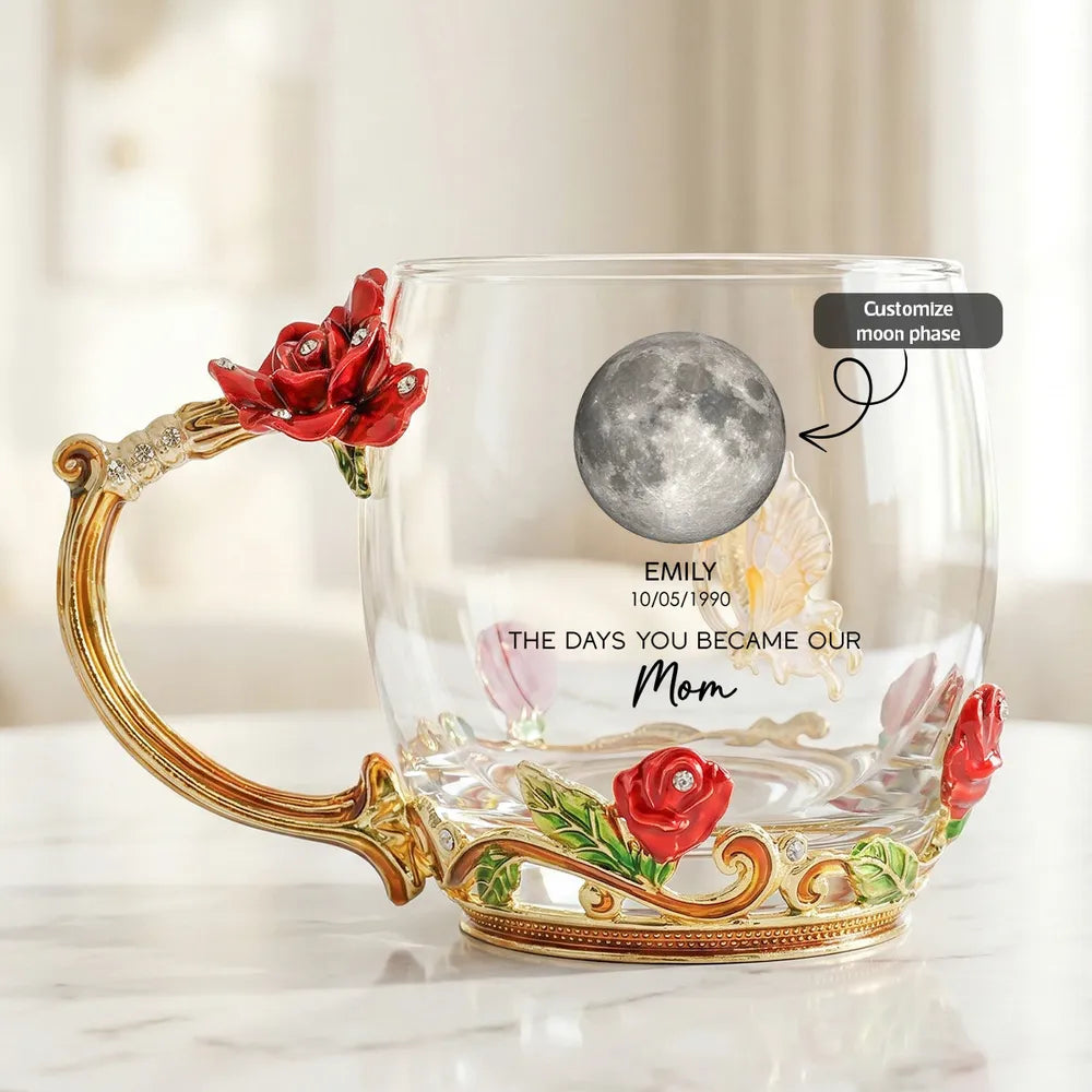 Personalized Enamel Flower Tea Cup with Custom Moon Phase for Mom - A Unique Gift That Celebrates Her Story