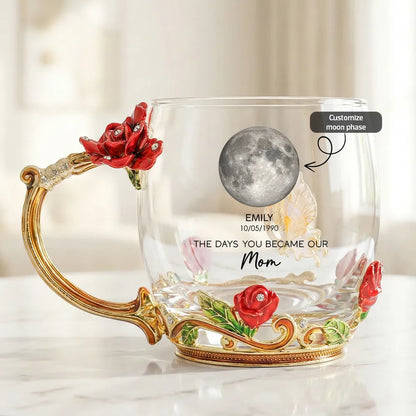 Personalized Enamel Flower Tea Cup with Custom Moon Phase for Mom - A Unique Gift That Celebrates Her Story