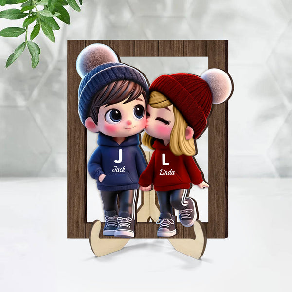 Cute Cartoon Couple Personalized 2-Layer Wooden Plaque – Romantic Gift