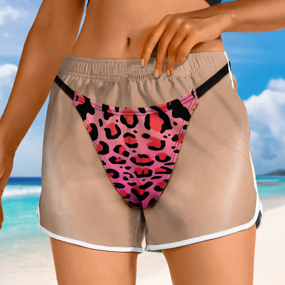 Women's Beach Shorts, Custom Funny Back View Bikini Illusion for Vacation Photos, Unique Gift for Her