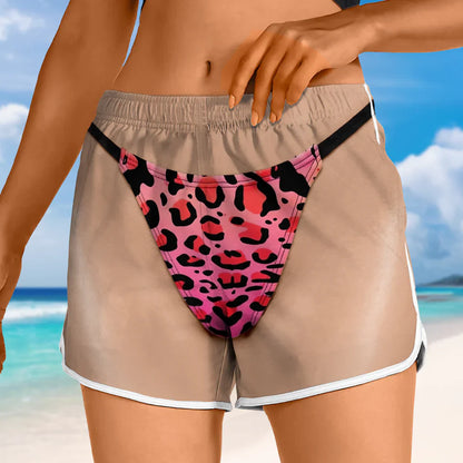 Women's Beach Shorts, Custom Funny Back View Bikini Illusion for Vacation Photos, Unique Gift for Her