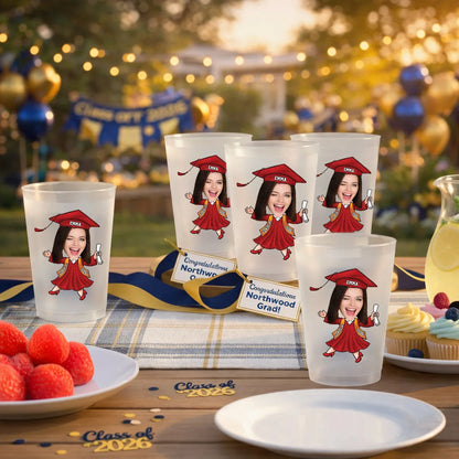 Personalized Frosted Plastic Cup with Smiling Graduate, Unique Creative Gift for Her Graduation Party