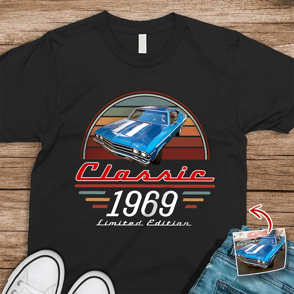 Personalized Classic Tee With Custom Car Photo & Retro Stripes, Unique Gift For Dad Grandpa Husband
