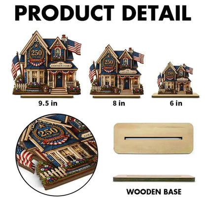Personalized Wooden Plaque with Patriotic House Art, USA 250th Family Shelf Decor, Unique Gift for Family