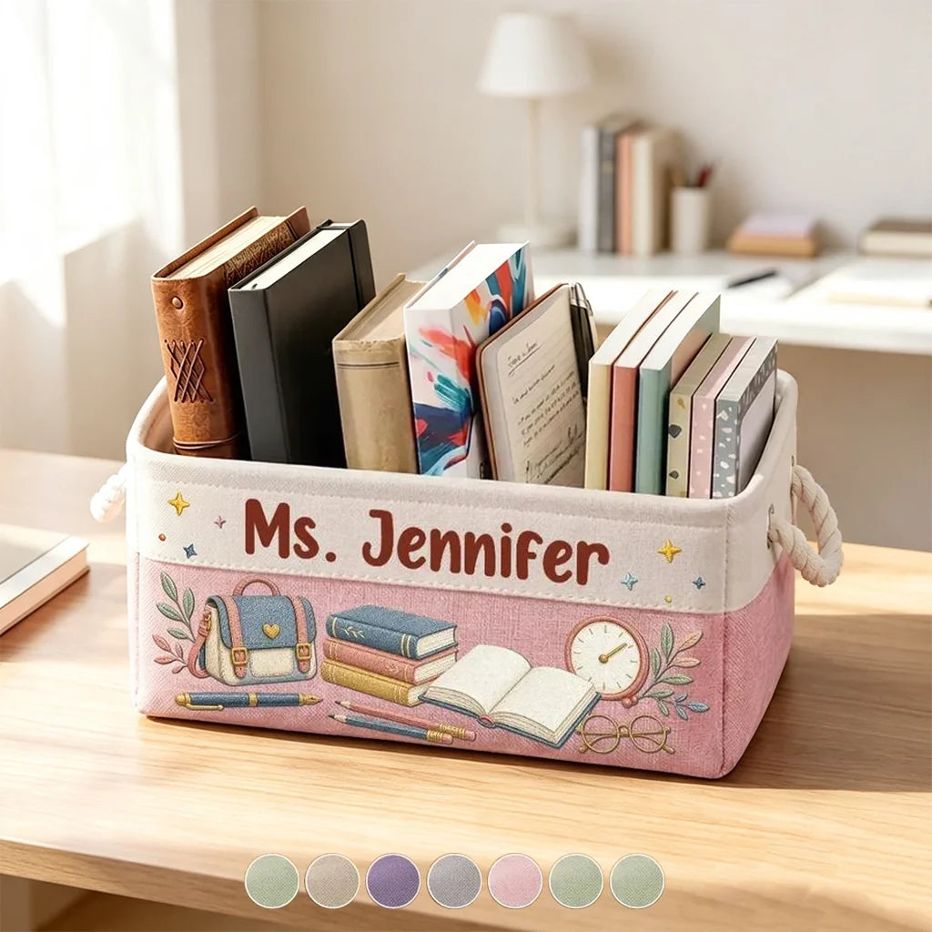 Personalized Rope Basket for Teacher, Soft Pink Book Desk Storage with School Illustration, Unique Gift