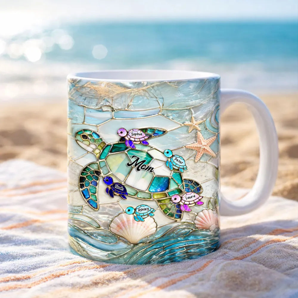 Personalized Sea Turtle Stained Glass Style Ceramic Mug for Mom - Ocean Beach Coffee Gift for Mother's Day